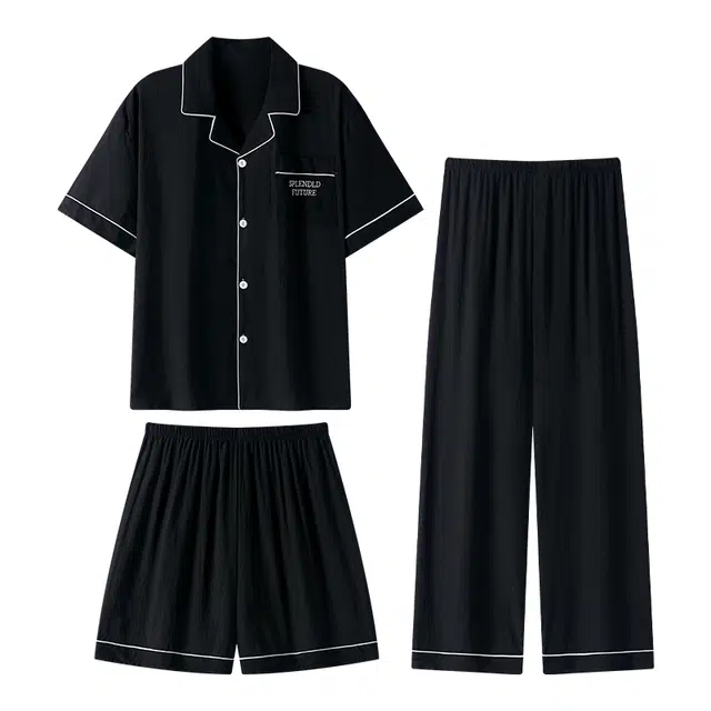 夏芬妍 简约休闲高级感纯色云朵棉翻领舒适亲肤宽松短袖三件套时尚可外穿家居服睡衣套装 男款 黑色