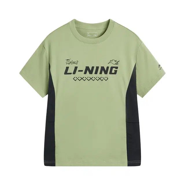 李宁儿童休闲运动套装 运动生活系列 圆领拼色短袖柔软五分裤 土灰绿/黑色 儿童款