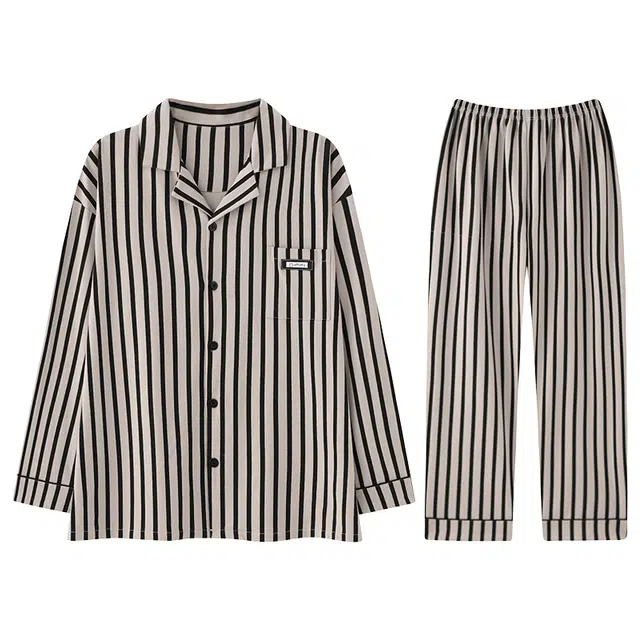 向薇 纯棉可外穿高级感条纹大码长袖家居服睡衣套装 男款