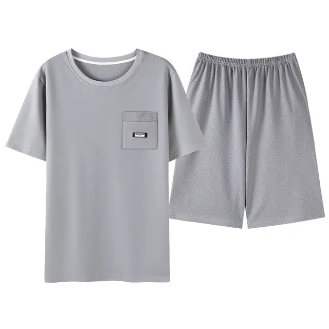 宫蝶 简约短袖家居服纯色可外穿休闲舒适睡衣套装 男款