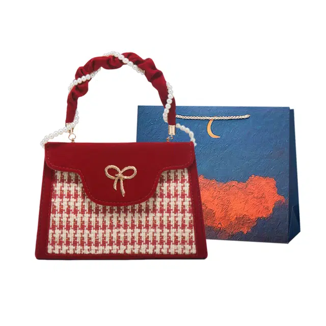 爱尔绅特 高级感千鸟格结婚 人造革 单肩斜挎包手提包 女款 红色