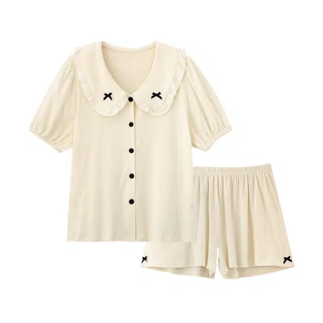 橡柠派 娃娃领设计感甜美可爱气质简约舒适潮流短裤短袖两件套小清新学院风亲肤家居服睡衣套装 女款 米黄色