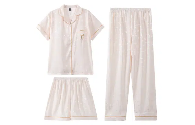 夏芬妍 简约休闲高级感蝴蝶结冰丝翻领带胸垫家居服舒适亲肤宽松短袖三件套可外穿睡衣套装 女款 杏色