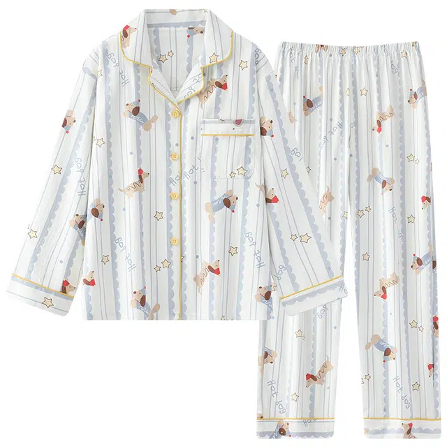 俏韵 条纹腊肠狗印花翻领舒适透气长裤睡衣套装 女款 蓝色