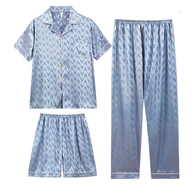 向薇 春夏季薄款冰丝男士短袖长裤三件套帅气款可外穿家居服睡衣套装 男款