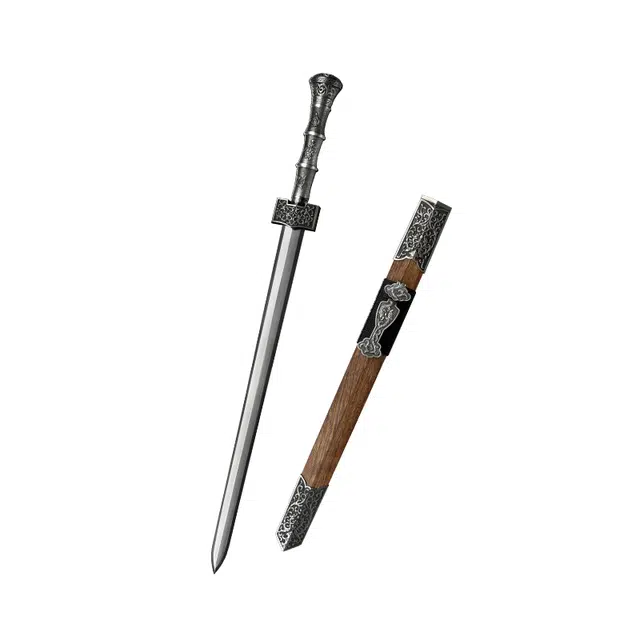 天字号 如意剑 龙泉百炼花纹钢刀剑鸡翅木鞘合金装八面收藏未开刃 成品模型