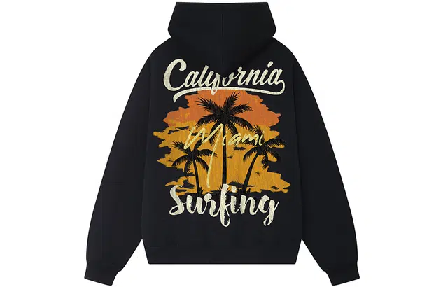 木村三社 椰树风景字母印花宽松连帽套头长袖卫衣 男女同款