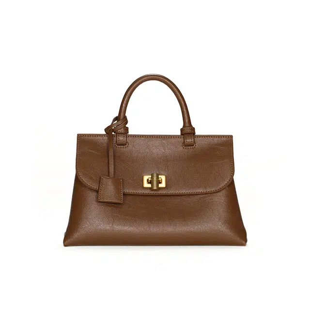 西木汀 高级感简约百搭复古通勤 牛皮 单肩手提包 中号 女款 咖啡色/米白色/深邃黑