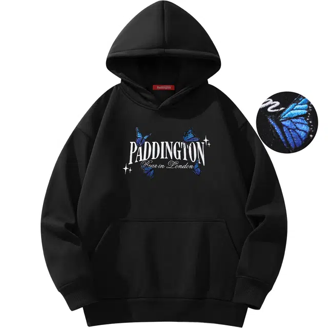 帕丁顿熊 美式街头蝴蝶字母刺绣休闲宽松连帽重磅卫衣 男女同款