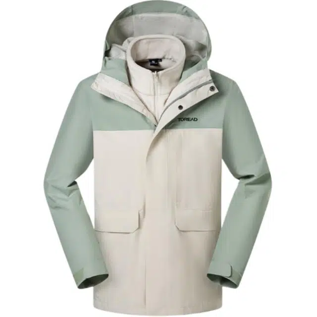 探路者  运动休闲简约拼色连帽  防水冲锋衣 男女同款 米色\青灰绿