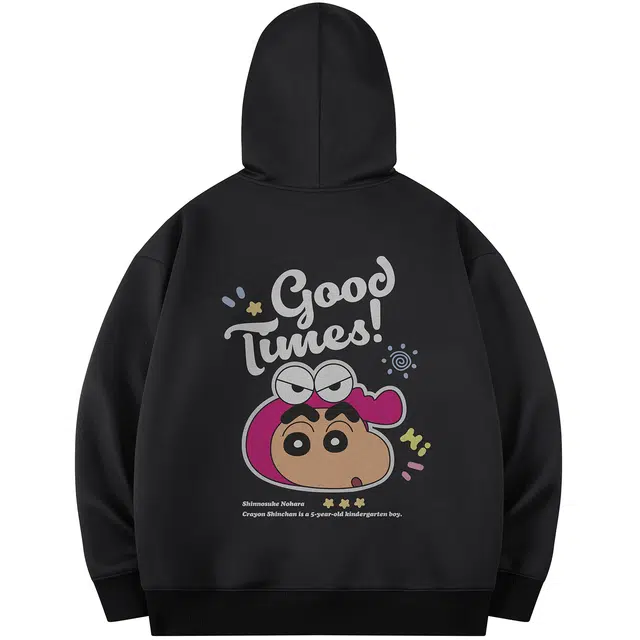 蜡笔小新 趣味手绘字母卡通动漫印花休闲宽松套头连帽卫衣 男女同款