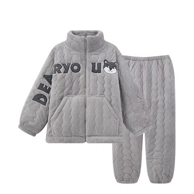 俏韵 加厚立领保暖透气家居服睡衣套装 男款 灰色