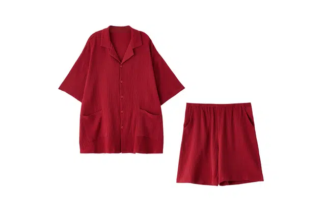 俏薇妮 本命年结婚复古喜庆翻领开衫短袖短裤家居服纯棉简约舒适透气休闲宽松可外穿睡衣套装 男款 红色
