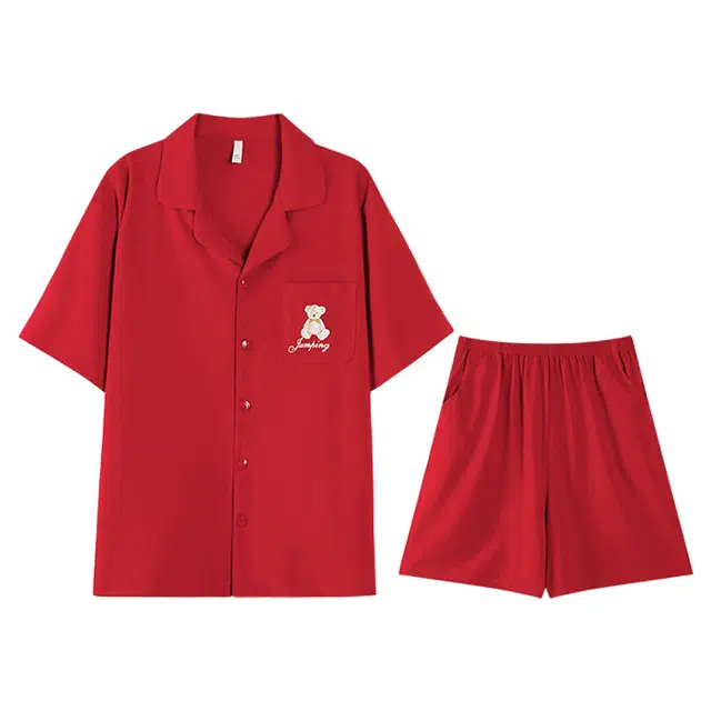 兰缪 莫代尔新婚夏季结婚本命年男士可外穿短袖家居服睡衣套装 男款 大红色