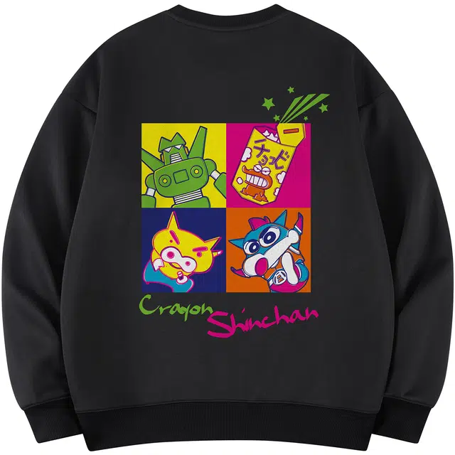 蜡笔小新 趣味小新卡通四宫格字母印花休闲宽松套头圆领卫衣 男女同款