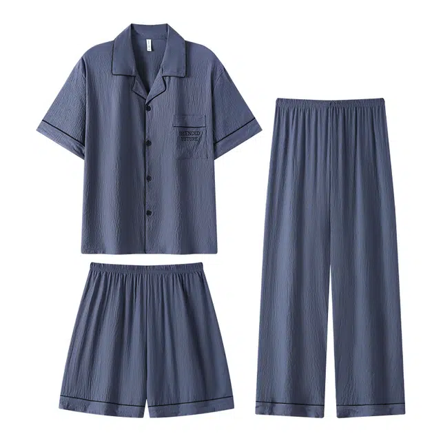 夏芬妍 简约休闲高级感纯色云朵棉翻领舒适亲肤宽松短袖三件套时尚可外穿家居服睡衣套装 男款 深灰色