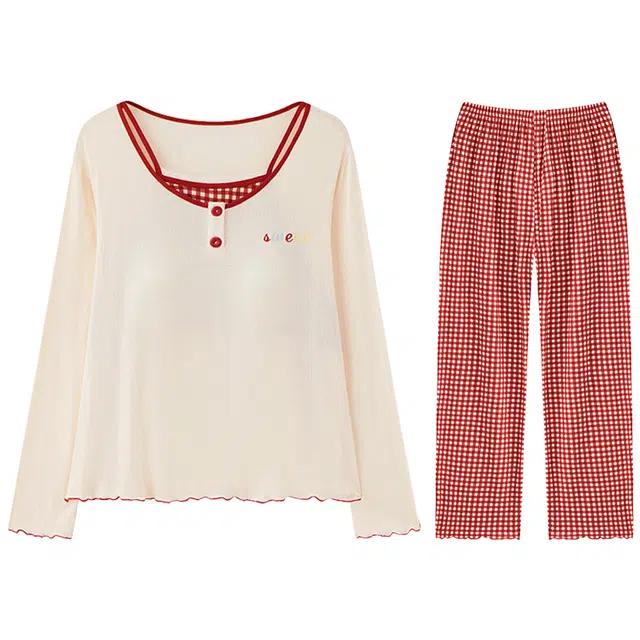 向薇 一体仿纯棉长袖长裤休闲睡衣套装 女款 图片色【带胸垫】