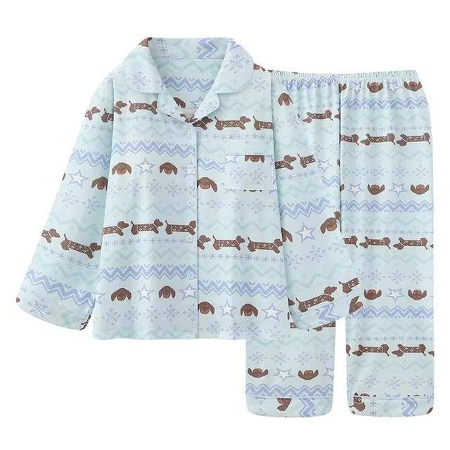 俏韵 春秋季腊肠狗纯棉长袖自带胸垫一体式家居服睡衣套装 女款