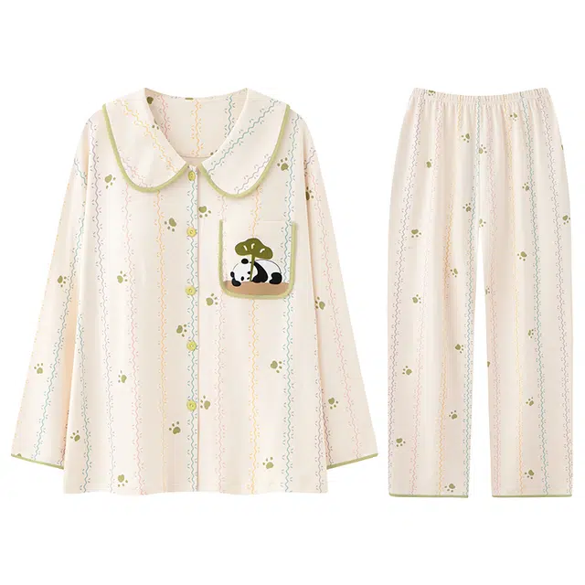 向薇 带胸垫一体女纯棉长袖卡通熊猫冬天薄款睡衣套装 女款