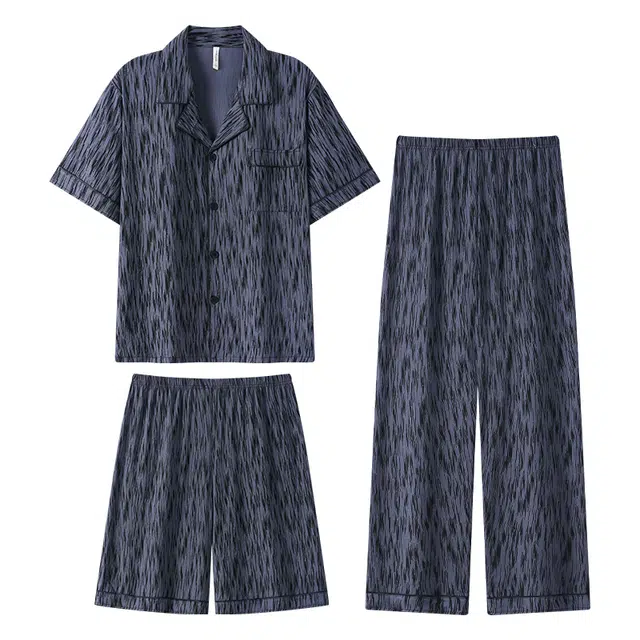 夏芬妍 简约休闲高级感纹理云朵棉翻领舒适亲肤宽松短袖三件套时尚可外穿家居服睡衣套装 男款 灰色