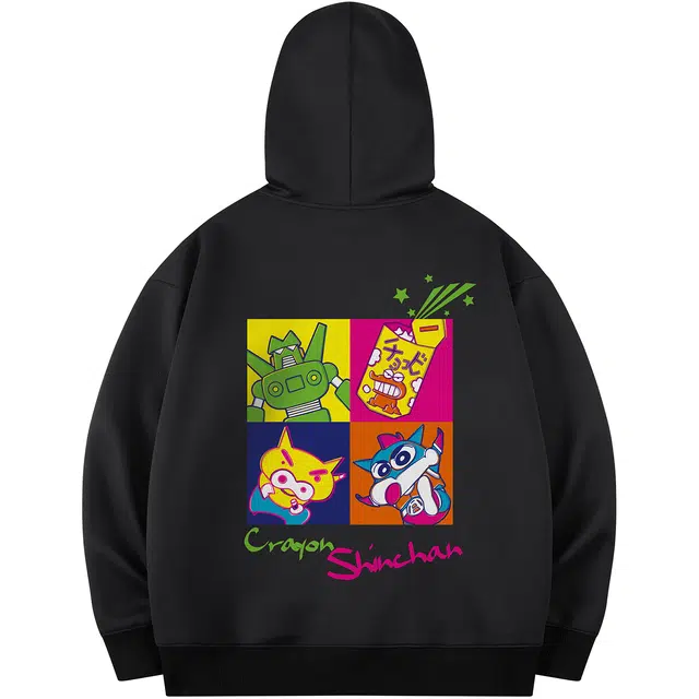 蜡笔小新 趣味小新卡通四宫格字母印花休闲宽松套头连帽卫衣 男女同款
