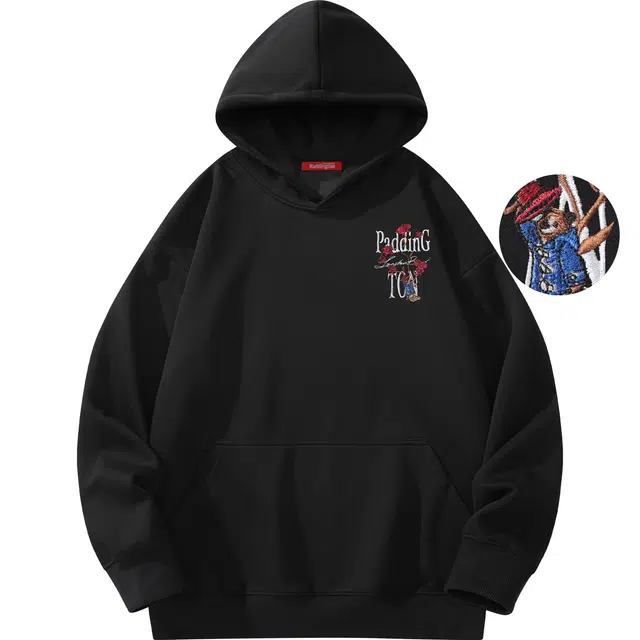 帕丁顿熊 新国风玫瑰花绅士小熊字母刺绣简约休闲宽松连帽重磅卫衣 男女同款