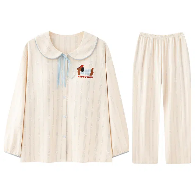 向薇 带胸垫一体纯棉长袖长裤可爱学生卡通大码家居睡衣套装 女款