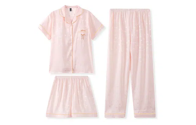 夏芬妍 简约休闲高级感蝴蝶结冰丝翻领带胸垫家居服舒适亲肤宽松短袖三件套可外穿睡衣套装 女款 粉色