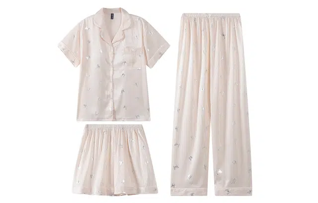 夏芬妍 简约休闲高级感蝴蝶冰丝翻领带胸垫家居服舒适亲肤宽松短袖三件套可外穿睡衣套装 女款 杏色