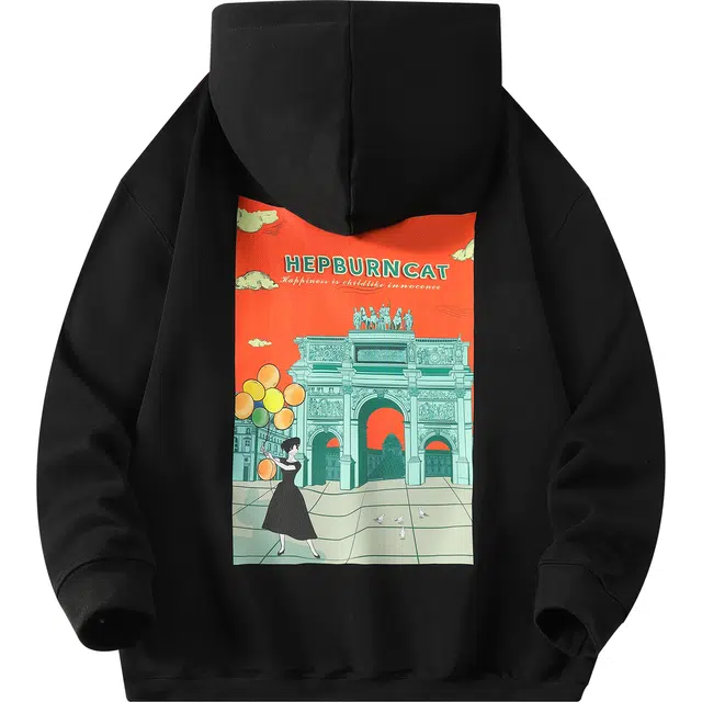 赫本猫 美式复古油画字母印花连帽宽松街头休闲卫衣 男女同款