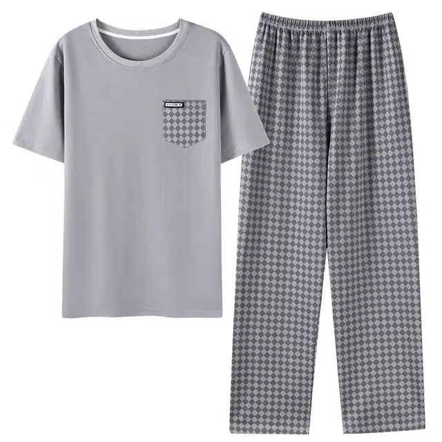 宫蝶 简约短袖长裤家居服可外穿休闲格子舒适睡衣套装 男款