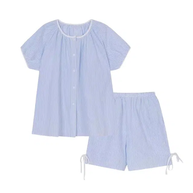 橡柠派 小清新设计感时尚慵懒风可爱简约气质短裤短袖两件套学院风亲肤条纹舒适睡衣套装 女款