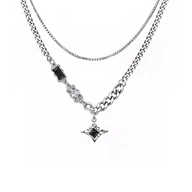 前方大荒野 芒星双层黑锆叠戴时尚小众设计暗黑系简约时尚小众设计潮酷街头嘻哈独特个性日常百搭时髦气质 锆石 合金 项链 男女同款情侣款