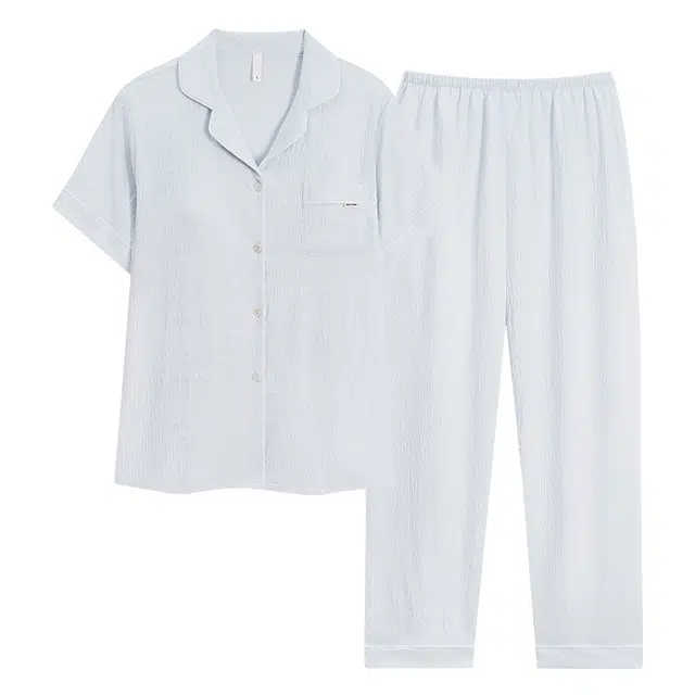 夏芬妍 柔软舒适纯色云朵棉时尚翻领开衫家居服休闲亲肤可外穿短袖长裤睡衣套装 男女同款