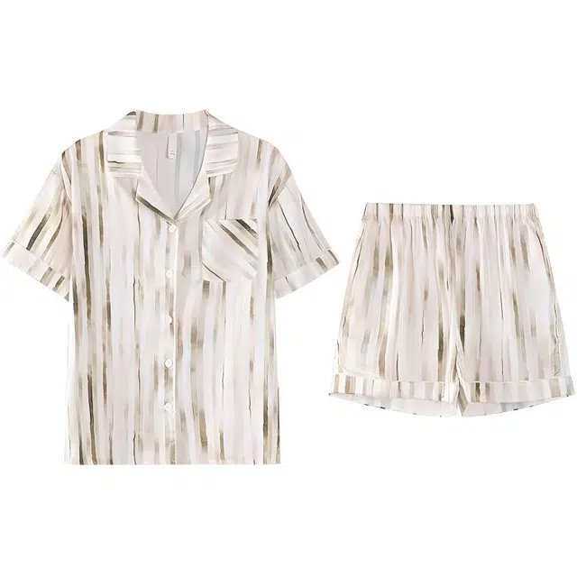 都市丽人 凉感透气亲肤高级感轻奢开衫可外穿睡衣套装 女款 金条纹