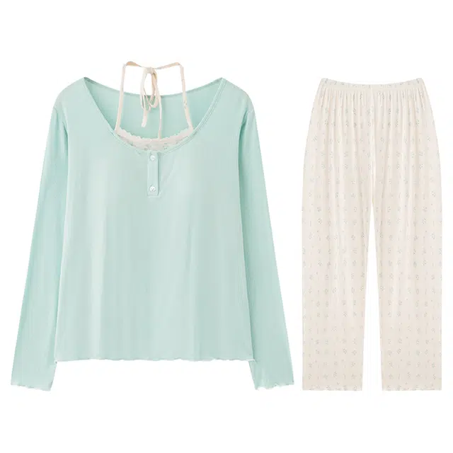 向薇 休闲大码四季款带胸垫女士仿棉长袖长裤睡衣套装 女款