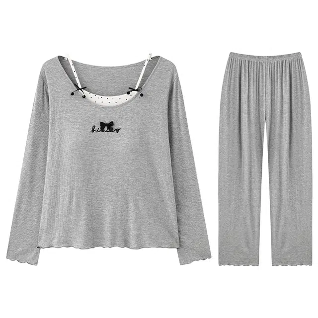 向薇 仿棉女士长袖长裤春夏秋冬季带胸垫一体学生简约睡衣套装 女款