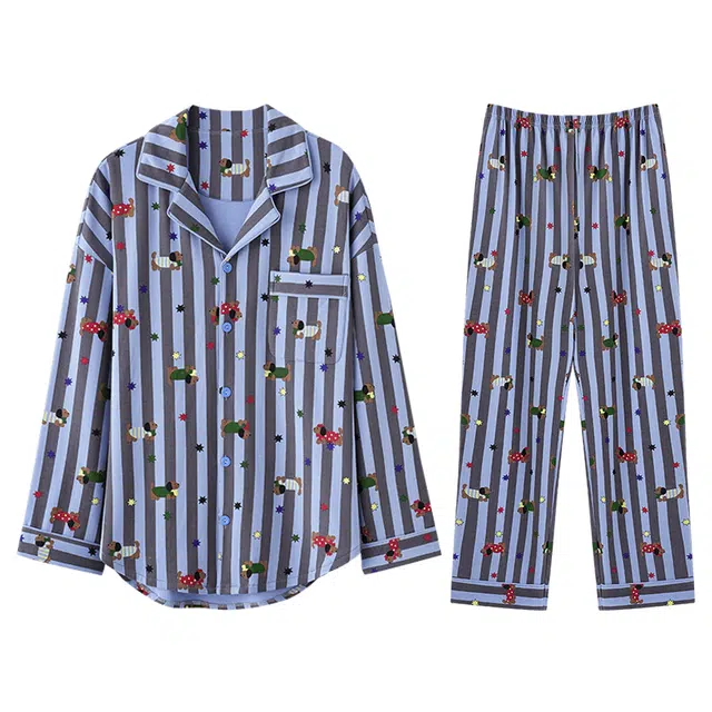 向薇 休闲舒适翻领长袖上衣可外穿家居服长裤睡衣套装 男款 图片色