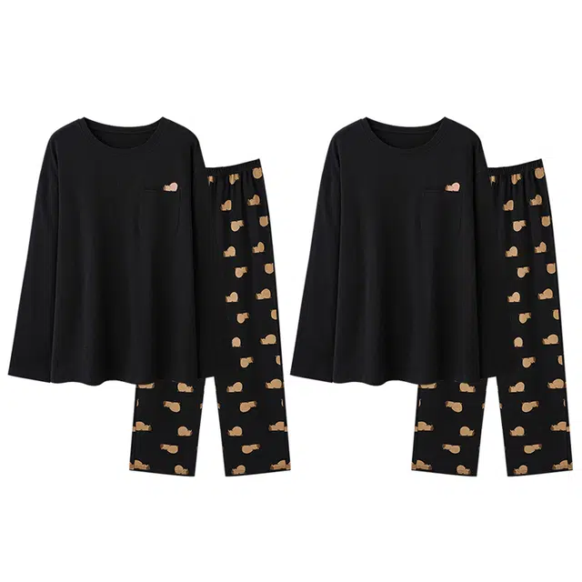 向薇 长袖长裤简约舒适套头卡通睡衣套装 男女同款 图片色