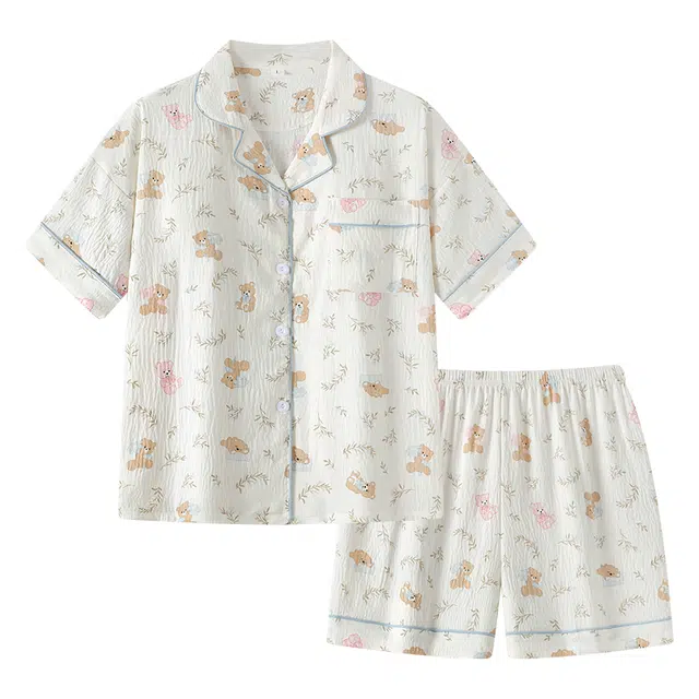 宫蝶 家居服卡通满印休闲可外穿带胸垫开衫睡衣套装 女款 白色
