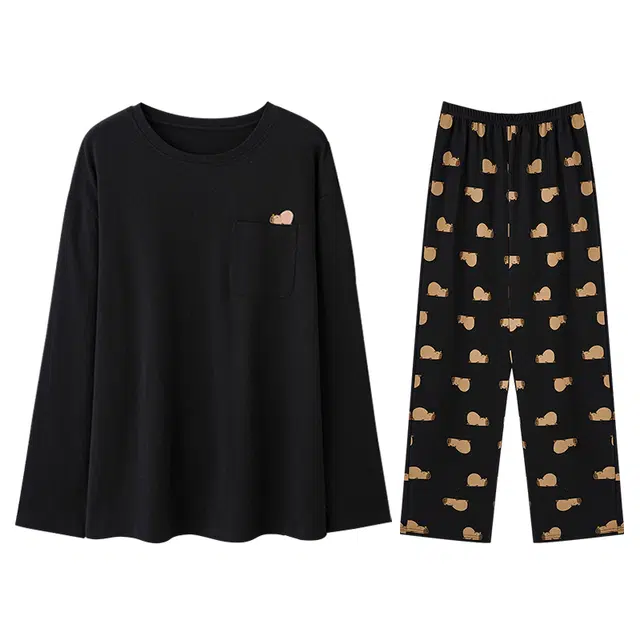 向薇 卡通可爱圆领长袖休闲大码睡衣套装 女款 图片色