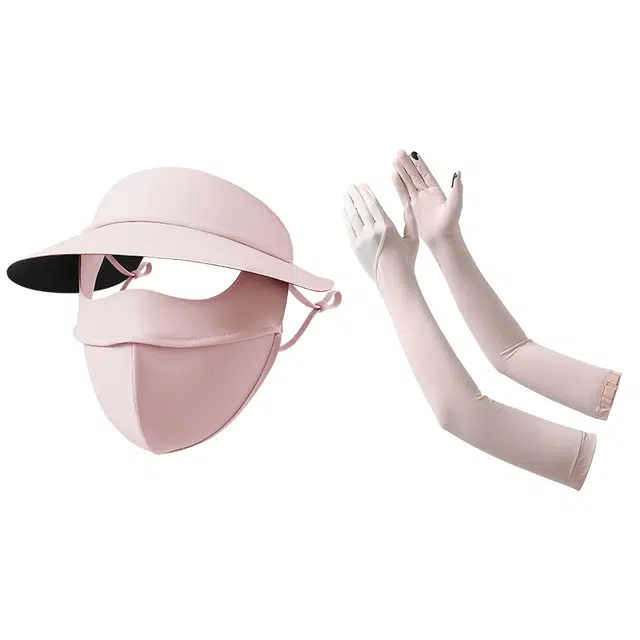 南极人 夏季冰丝全脸防紫外线面罩帽子一体脸基尼高颜值透气手套冰袖一体手臂套袖开车骑行遮阳冰爽 轻薄 防晒袖 女款