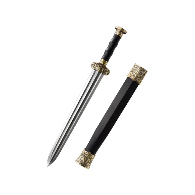 天字号 卧龙短剑 花纹钢双槽龙泉刀剑黑檀木鞘黄铜装收藏未开刃 成品模型