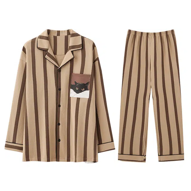 向薇 休闲舒适翻领长袖上衣可外穿大码长裤睡衣套装 男款 图片色