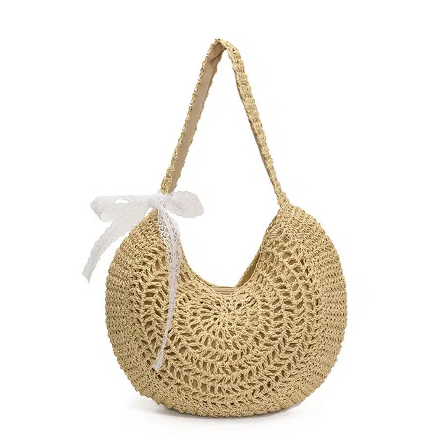 單倉 韩系镂空编织圆筒包海边沙滩度假法式手提水桶包小众百搭日常休闲 草编 单肩包 女款 米白色/卡其色