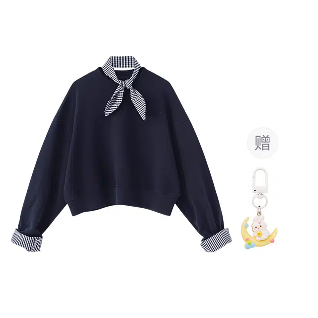 柏黛妃 假两件拼接长袖小个子圆领无帽套头短款卫衣 女款 藏青色+赠品