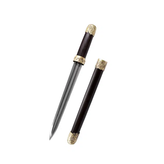 天字号 君子短兵 龙泉花纹钢短刀剑黑檀木鞘黄铜装未开刃摆件收藏 成品模型