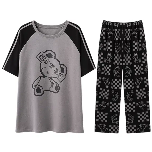 向薇 短袖长裤卡通字母小熊睡衣套装 男款 图片色