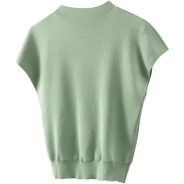 她池 气质圆领简约小清新薄款短袖针织衫 女款 绿色