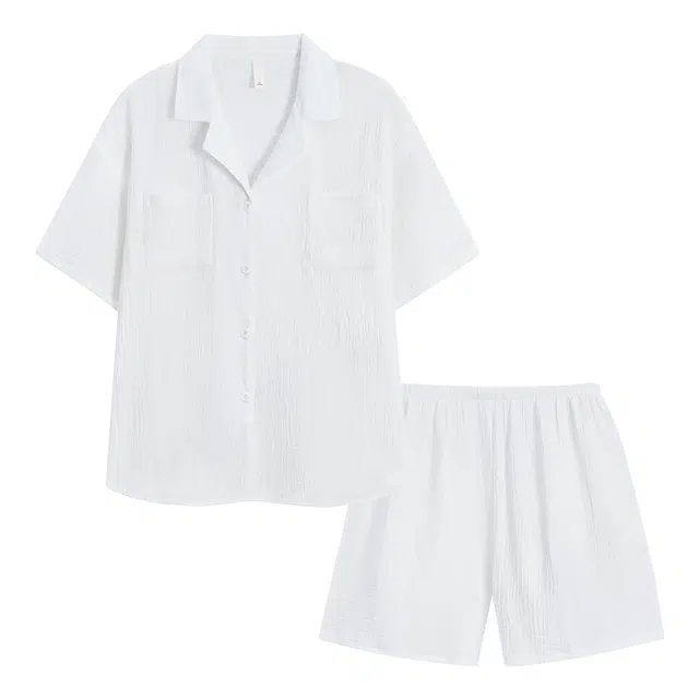 夏芬妍 休闲舒适纯色双层纱婴儿棉翻领开衫家居服柔软亲肤时尚可外穿短袖短裤睡衣套装 男女同款